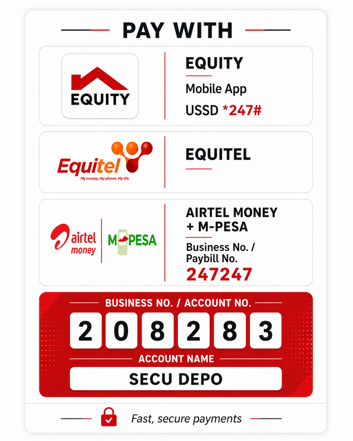 Accepted payment methods — Equity, Equitel, Airtel Money and M-Pesa